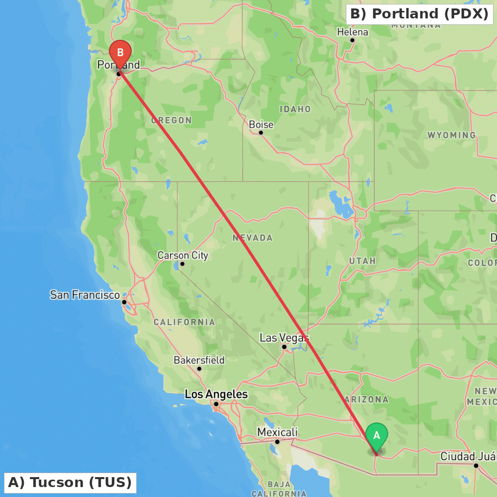 Flight route map from Tucson to Portland