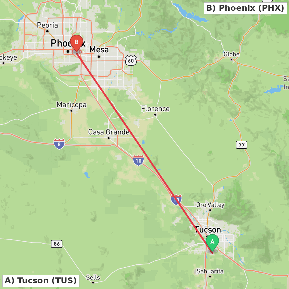 Flight route map from Tucson to Phoenix