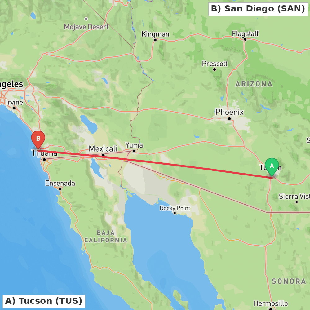 Flight route map from Tucson to San Diego
