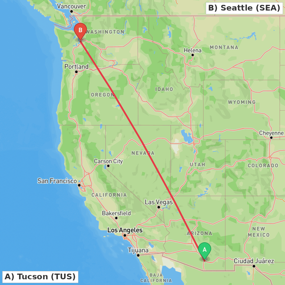 Flight route map from Tucson to Seattle