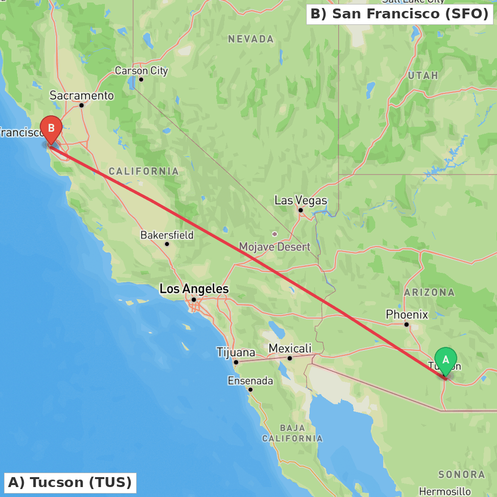 Flight route map from Tucson to San Francisco