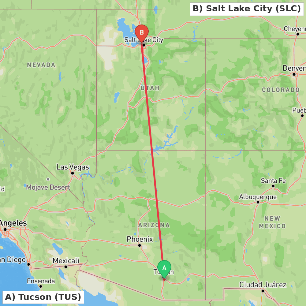 Flight route map from Tucson to Salt Lake City