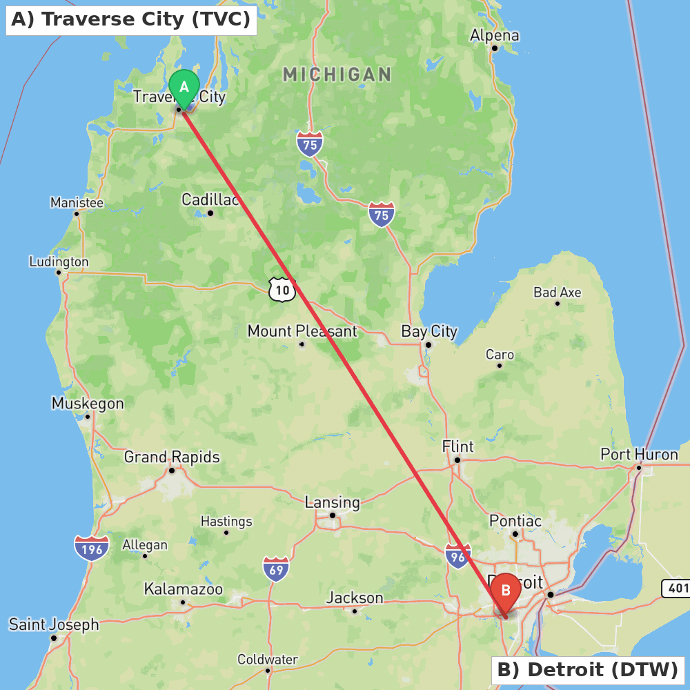 Flight route map from Traverse City to Detroit
