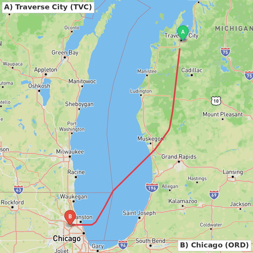 Flight route map from Traverse City to Chicago