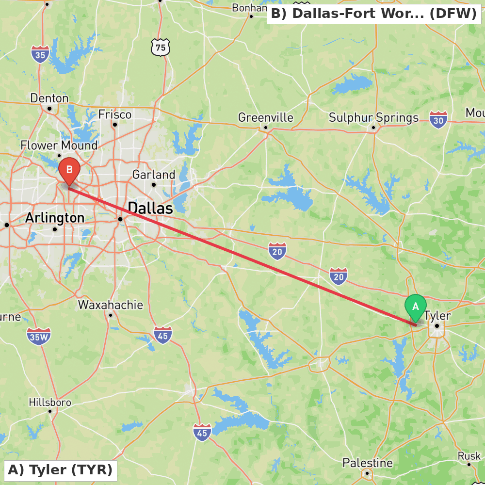 Flight route map from Tyler to Dallas-Fort Worth