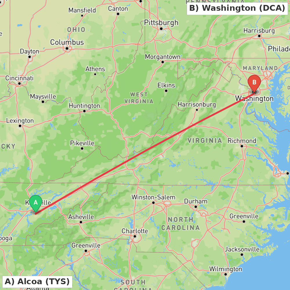 Flight route map from Alcoa to Washington