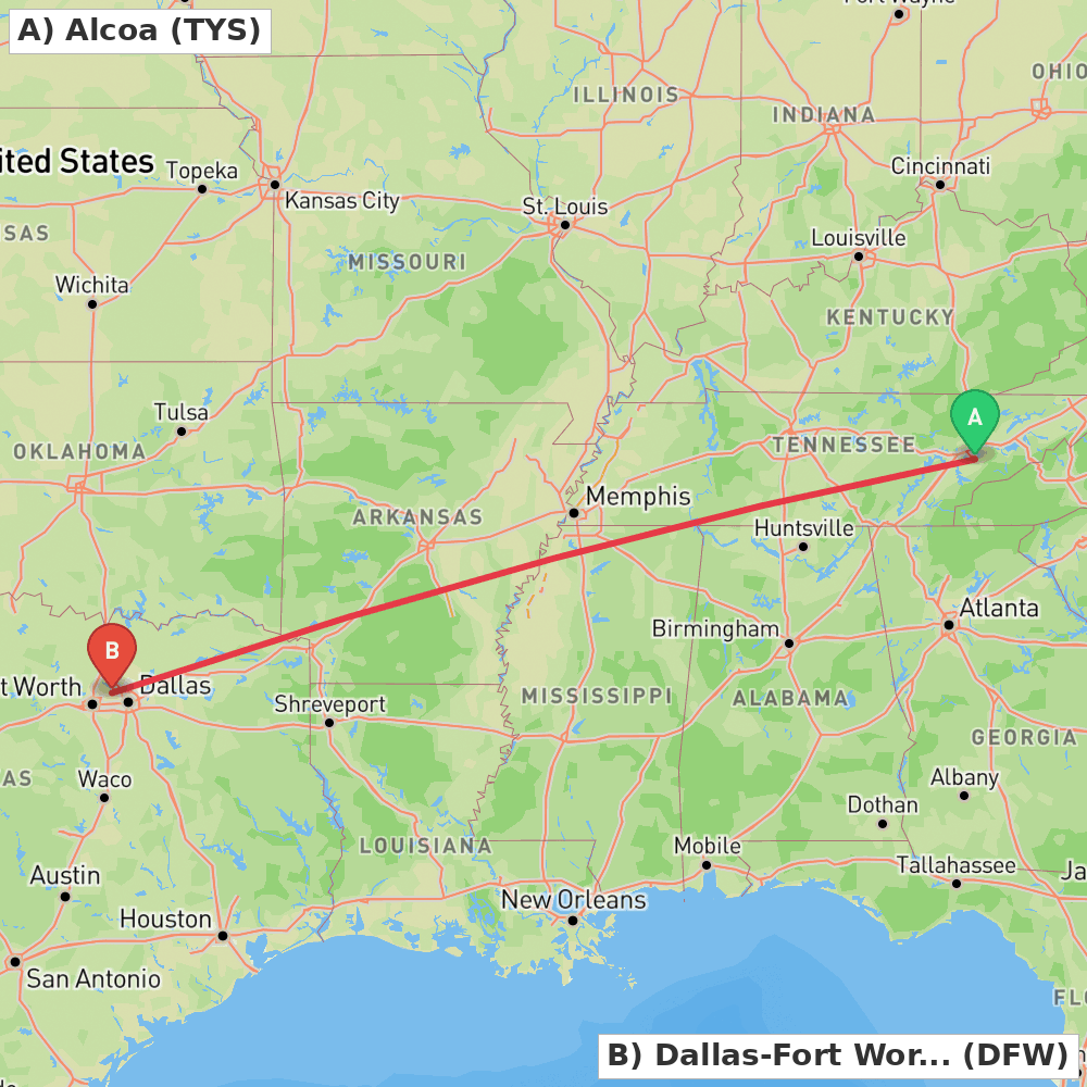 Flight route map from Alcoa to Dallas-Fort Worth