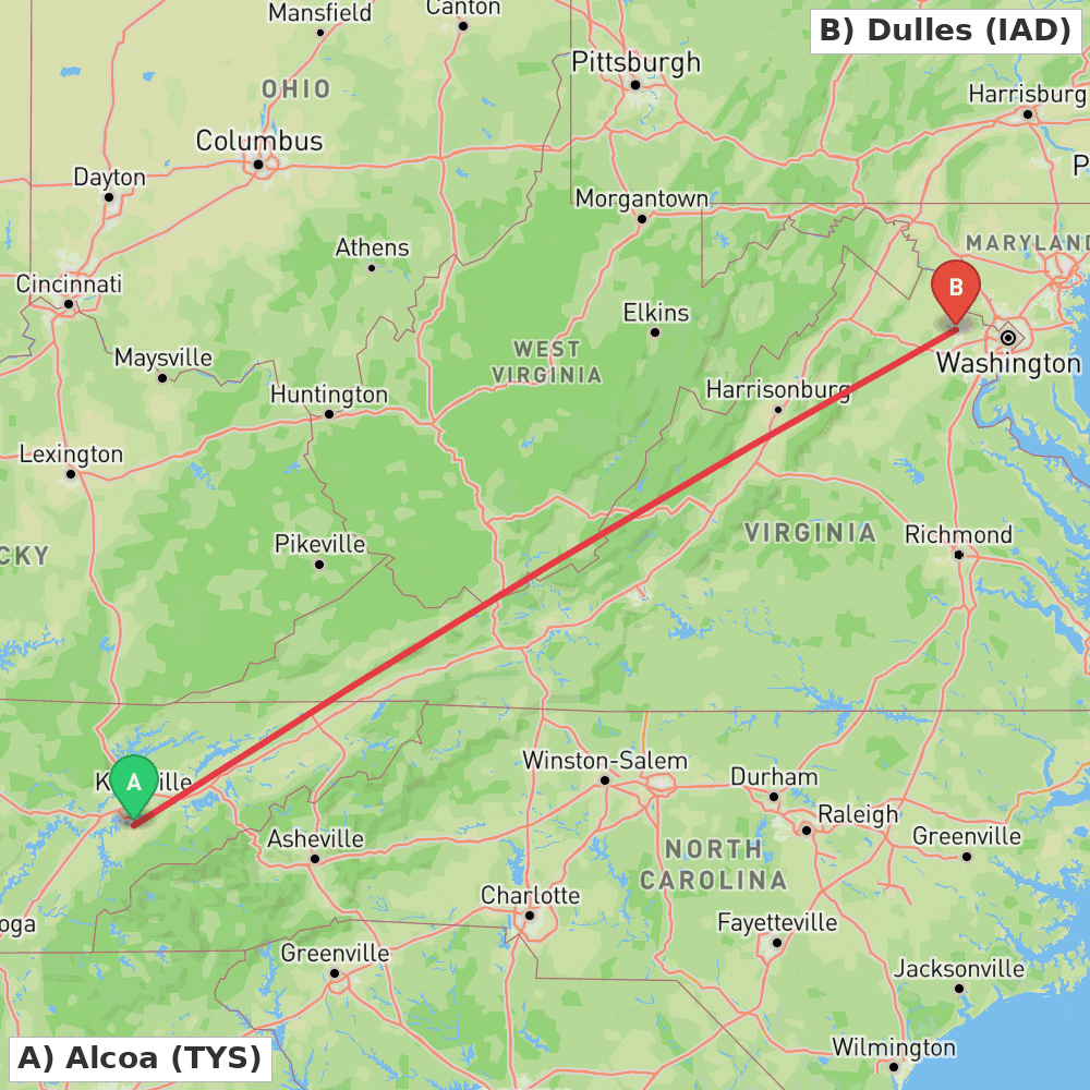 Flight route map from Alcoa to Dulles