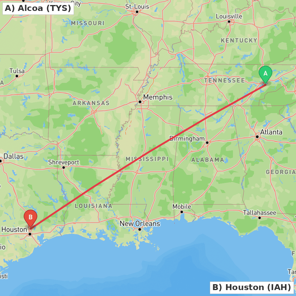 Flight route map from Alcoa to Houston