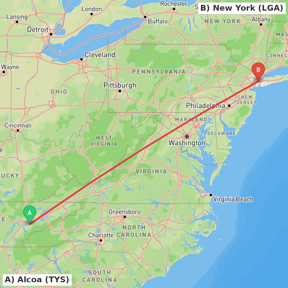 Flight route map from Alcoa to New York
