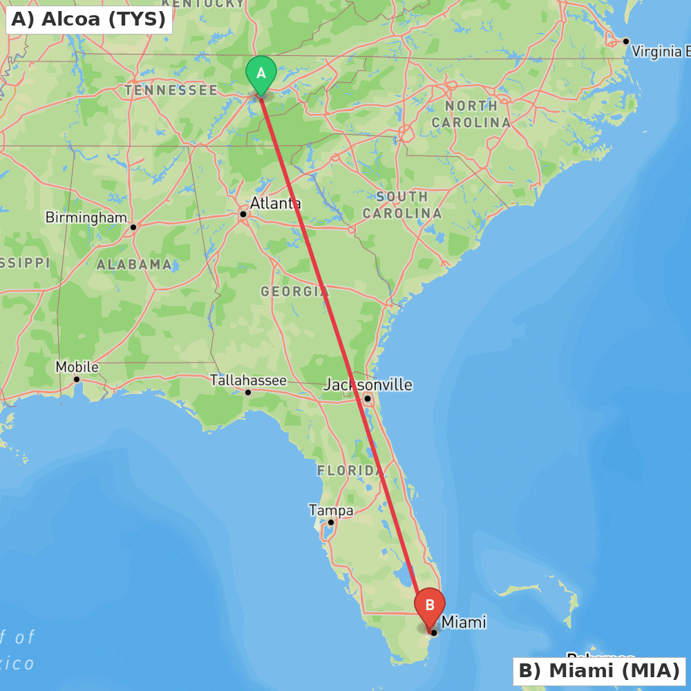 Flight route map from Alcoa to Miami