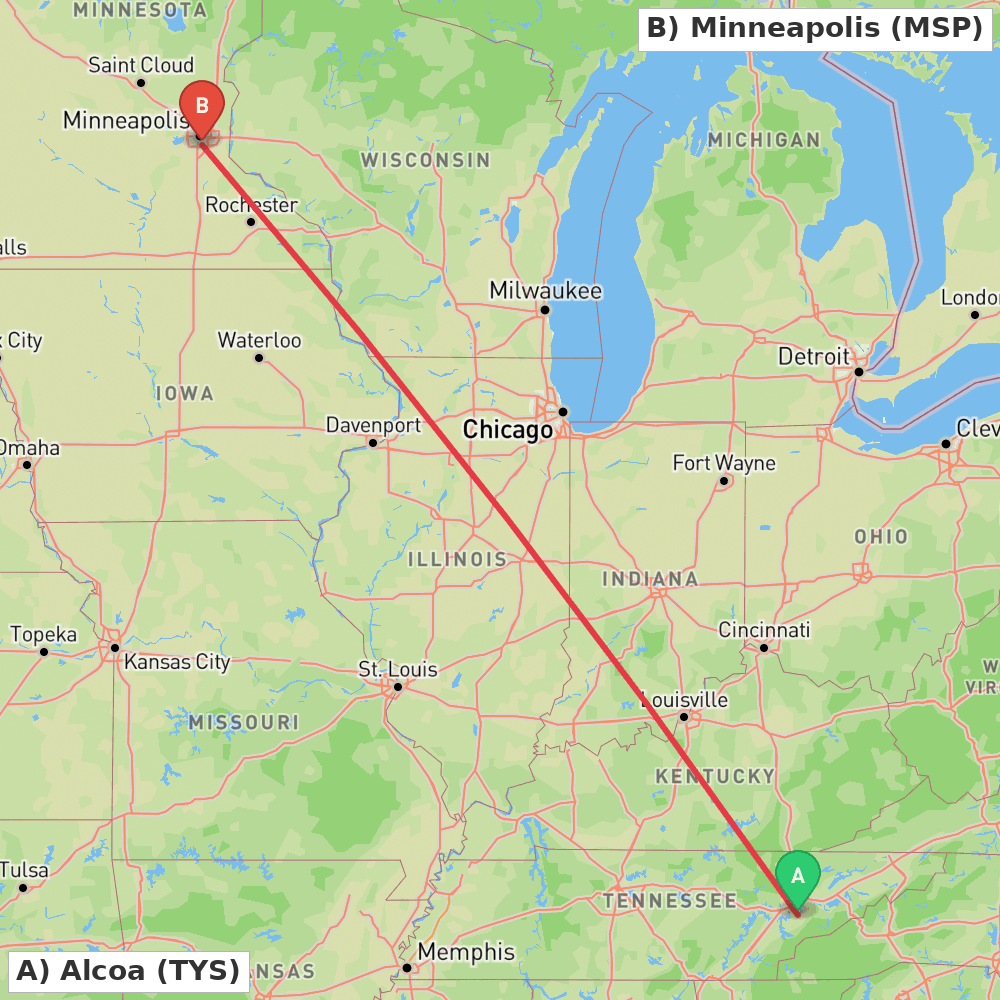 Flight route map from Alcoa to Minneapolis