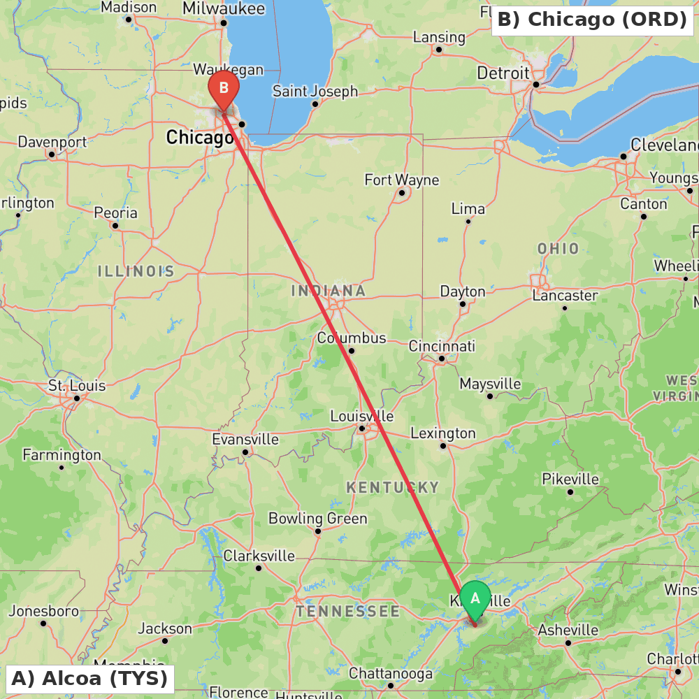 Flight route map from Alcoa to Chicago