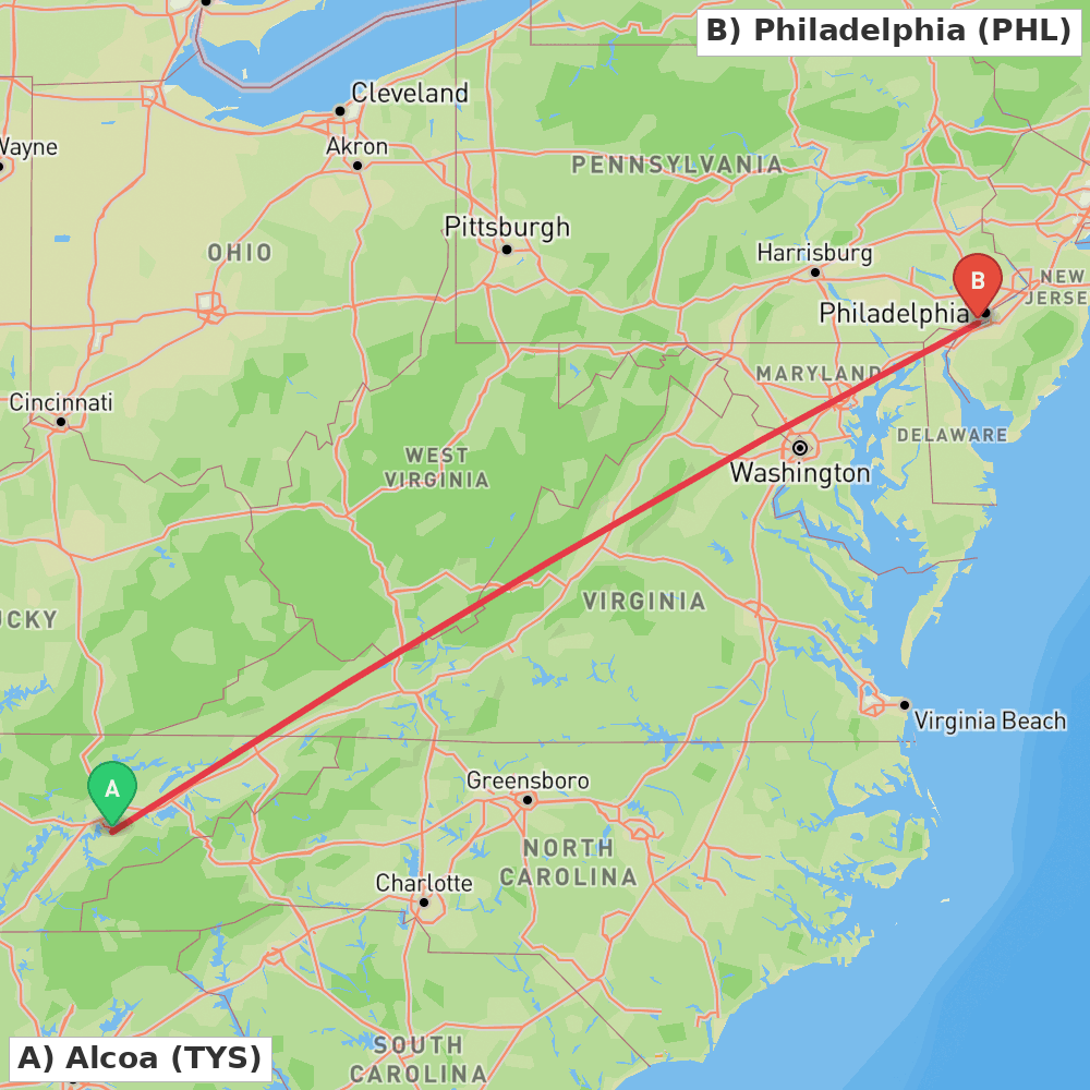 Flight route map from Alcoa to Philadelphia
