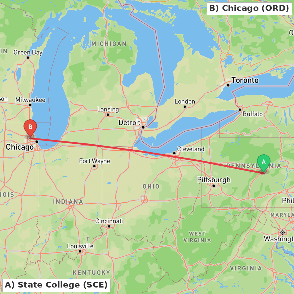 Flight route map from State College to Chicago