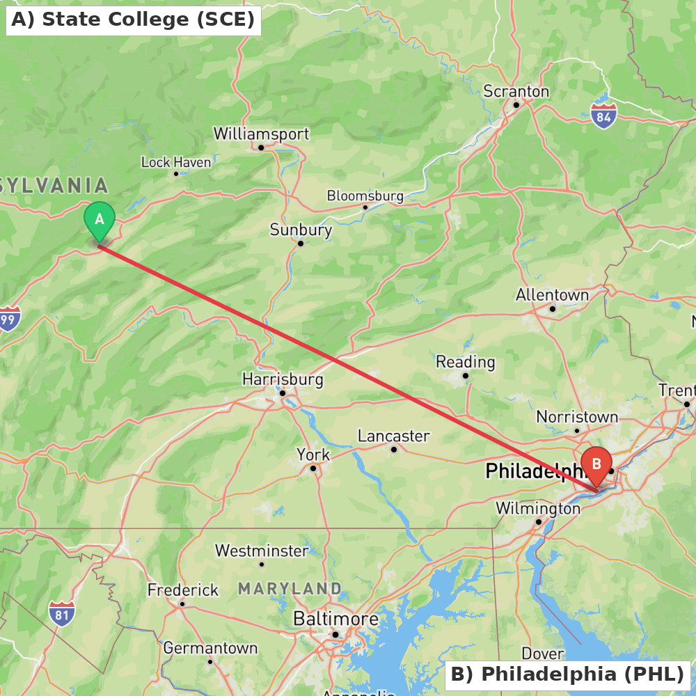 Flight route map from State College to Philadelphia