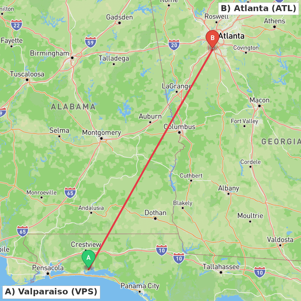 Flight route map from Valparaiso to Atlanta