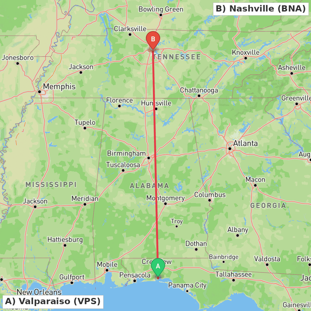 Flight route map from Valparaiso to Nashville