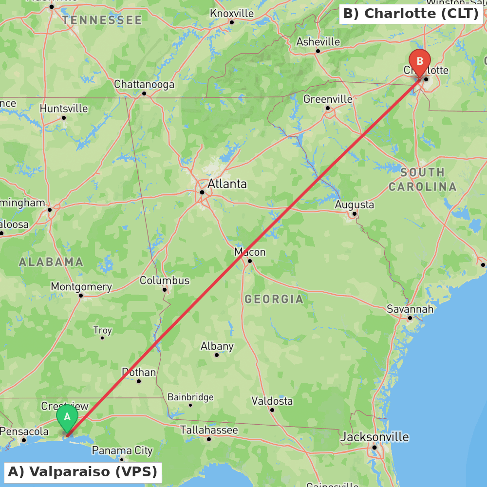 Flight route map from Valparaiso to Charlotte
