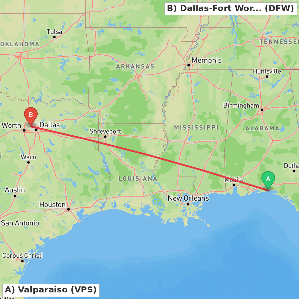 Flight route map from Valparaiso to Dallas-Fort Worth