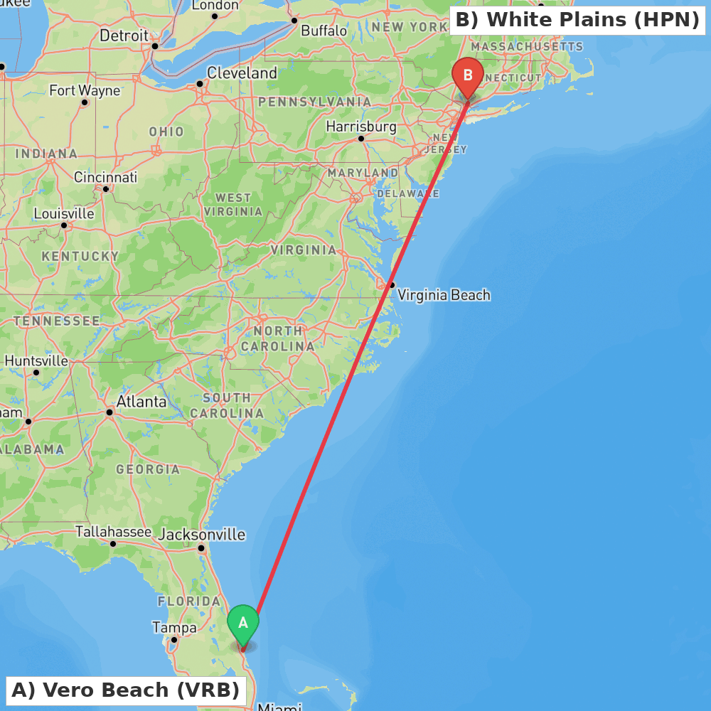 Flight route map from Vero Beach to White Plains