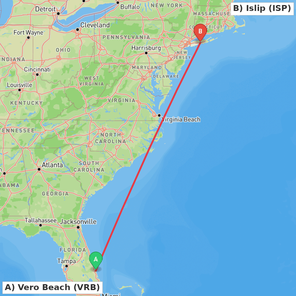 Flight route map from Vero Beach to Islip