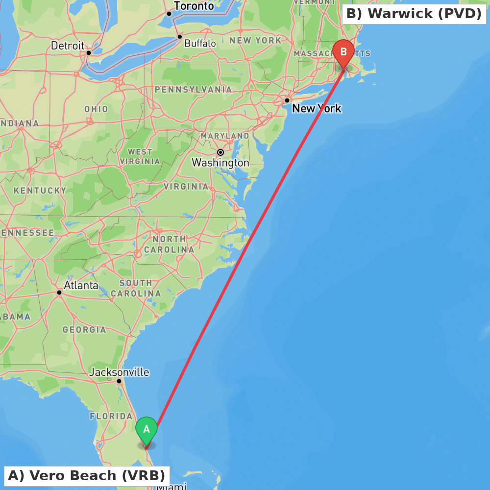 Flight route map from Vero Beach to Warwick