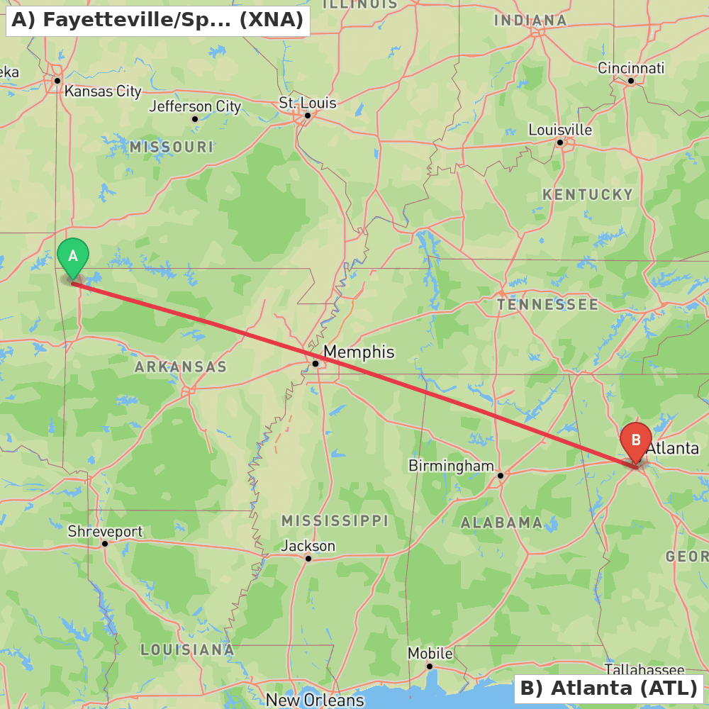 Flight route map from Fayetteville/Springdale/Rogers to Atlanta