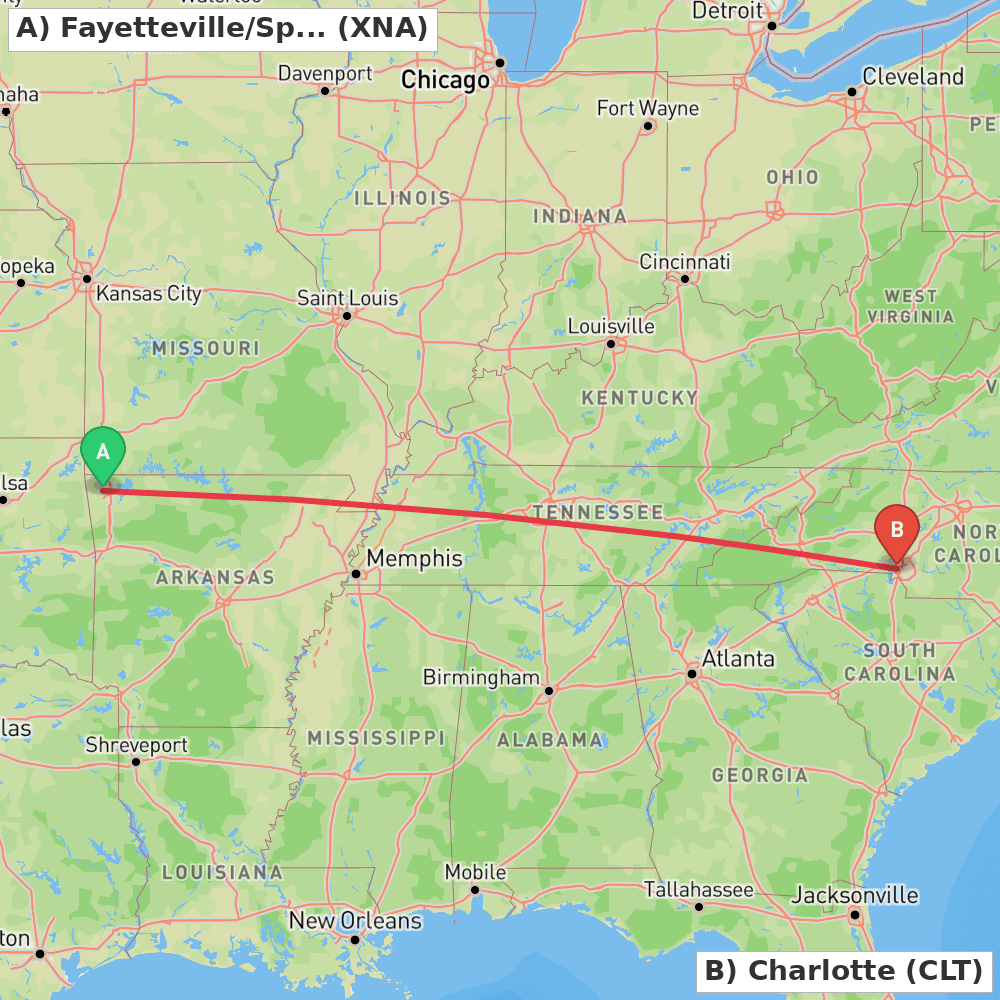 Flight route map from Fayetteville/Springdale/Rogers to Charlotte