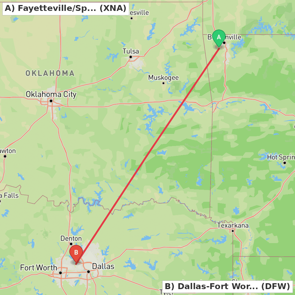 Flight route map from Fayetteville/Springdale/Rogers to Dallas-Fort Worth