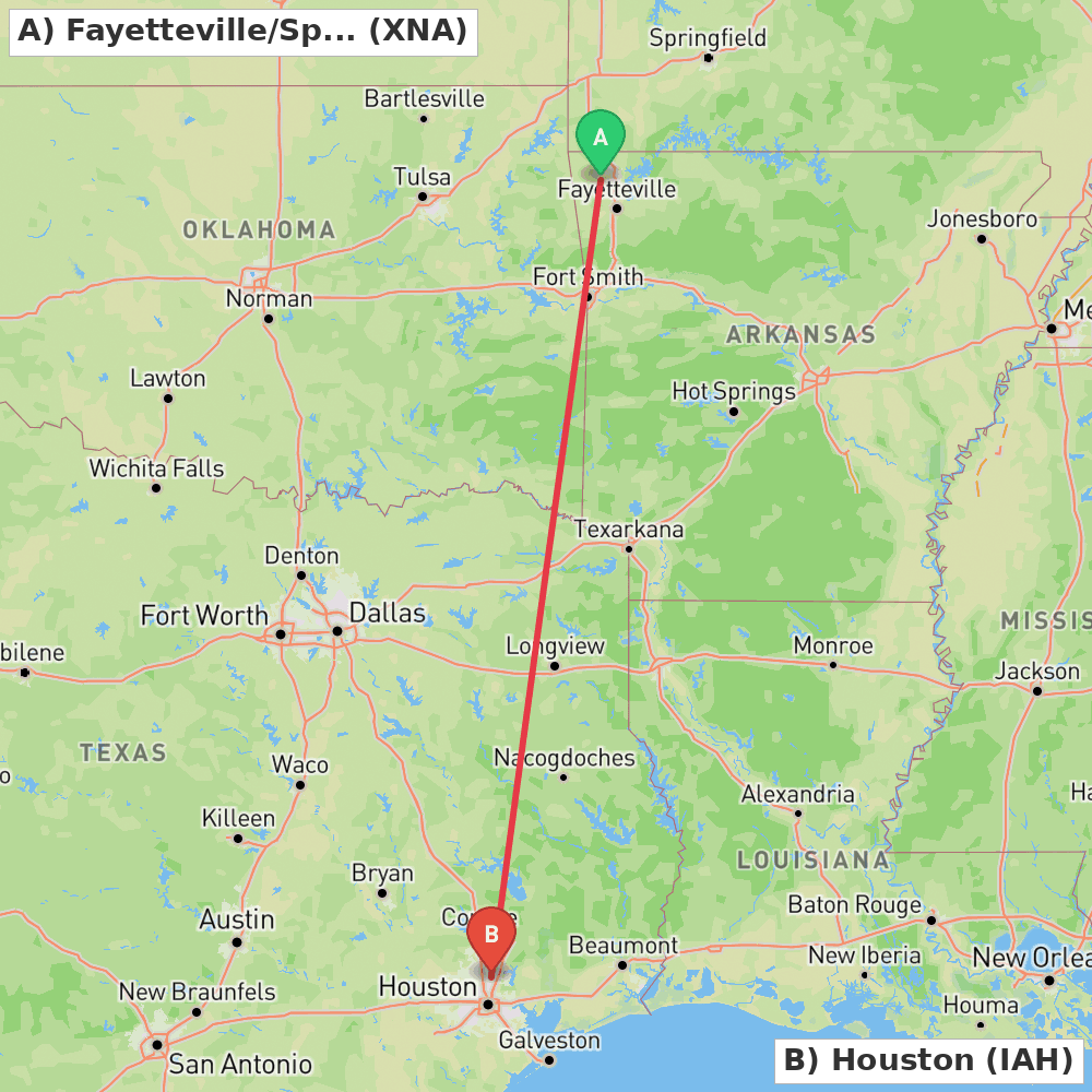 Flight route map from Fayetteville/Springdale/Rogers to Houston