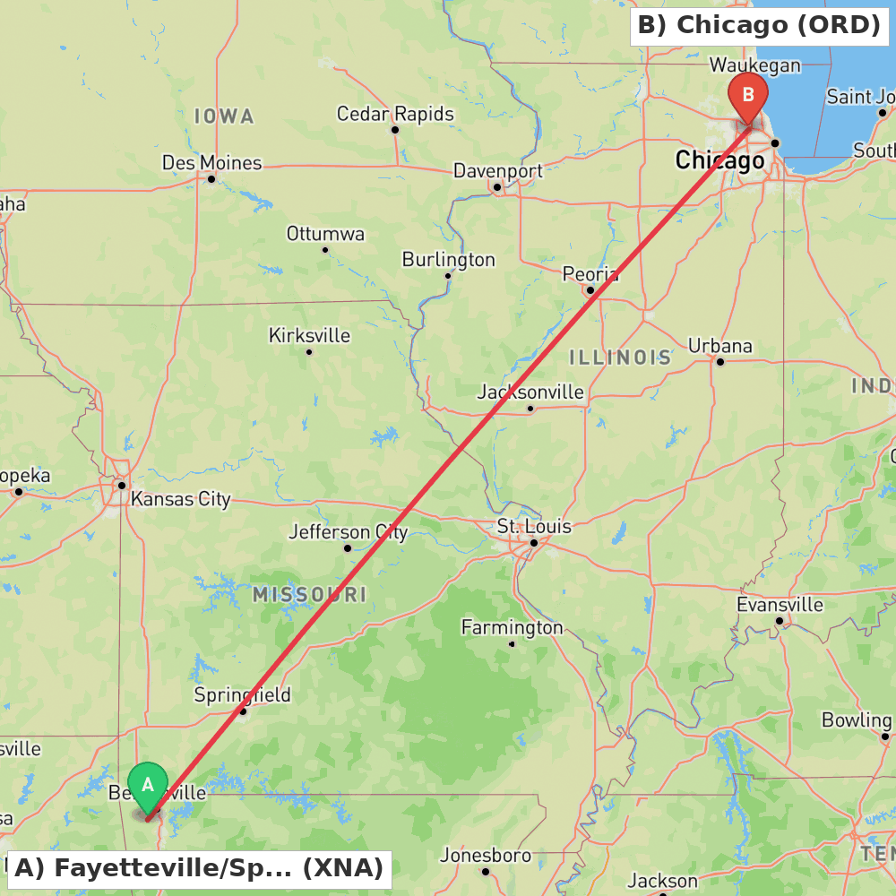 Flight route map from Fayetteville/Springdale/Rogers to Chicago