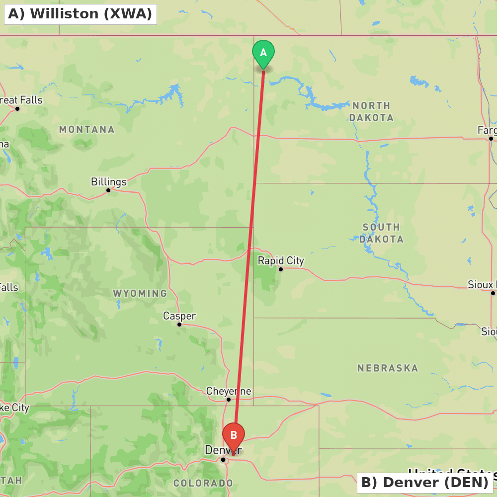 Flight route map from Williston to Denver