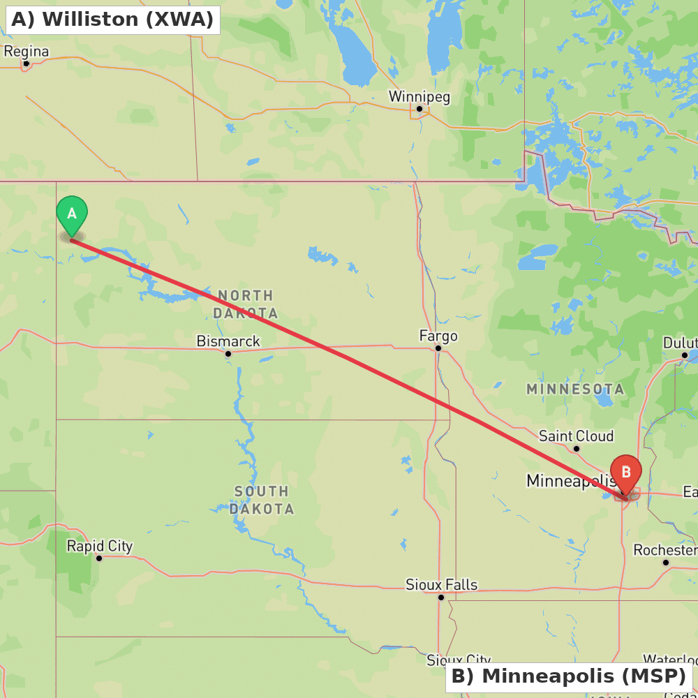 Flight route map from Williston to Minneapolis