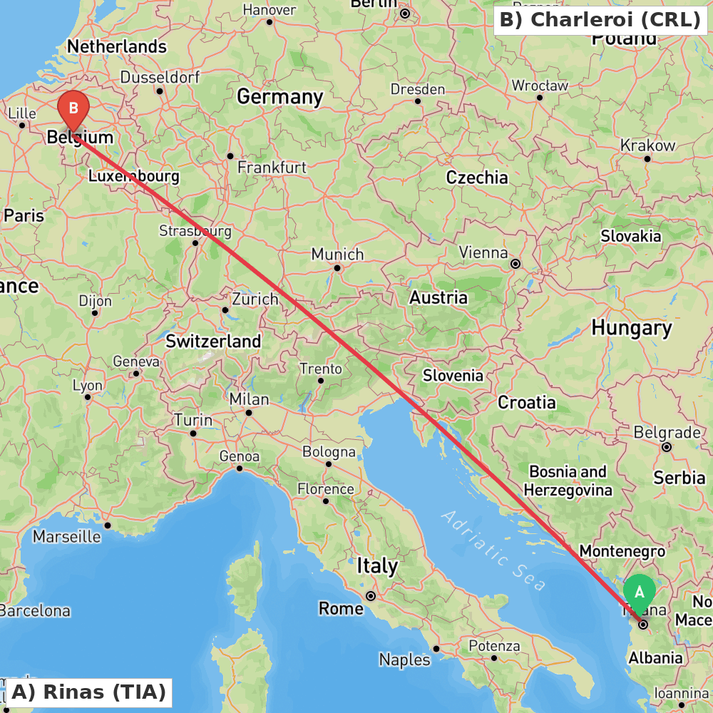 Flight route map from Rinas to Charleroi