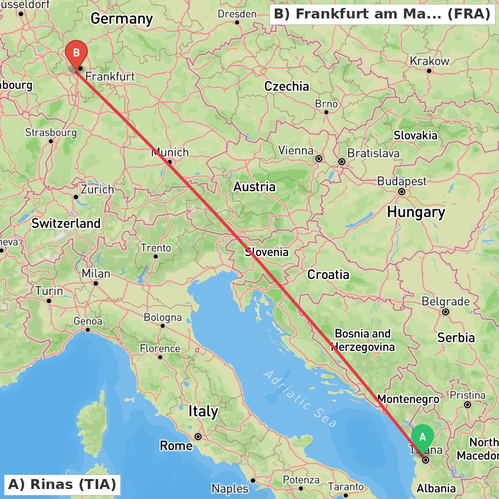 Flight route map from Rinas to Frankfurt am Main