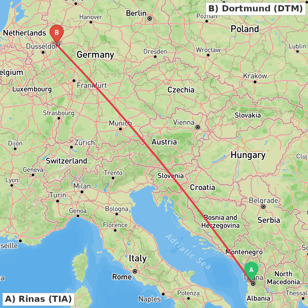Flight route map from Rinas to Dortmund