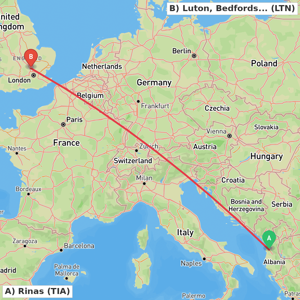 Flight route map from Rinas to Luton, Bedfordshire