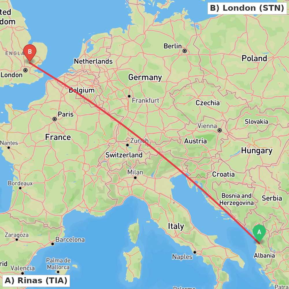 Flight route map from Rinas to London