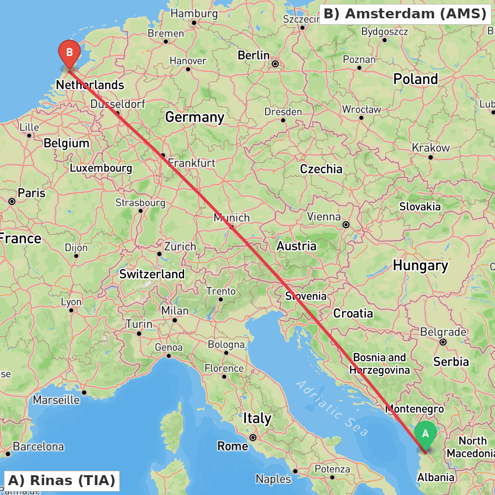 Flight route map from Rinas to Amsterdam