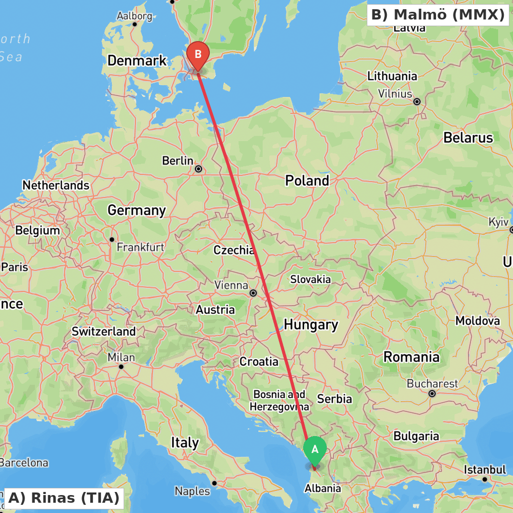 Flight route map from Rinas to Malmö