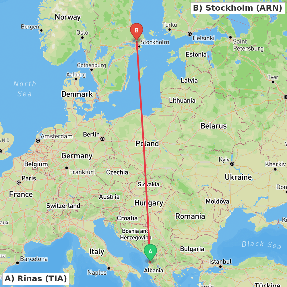 Flight route map from Rinas to Stockholm