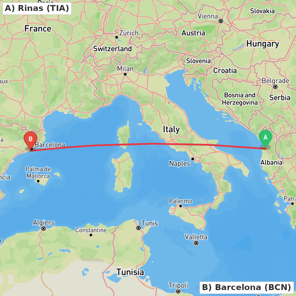Flight route map from Rinas to Barcelona