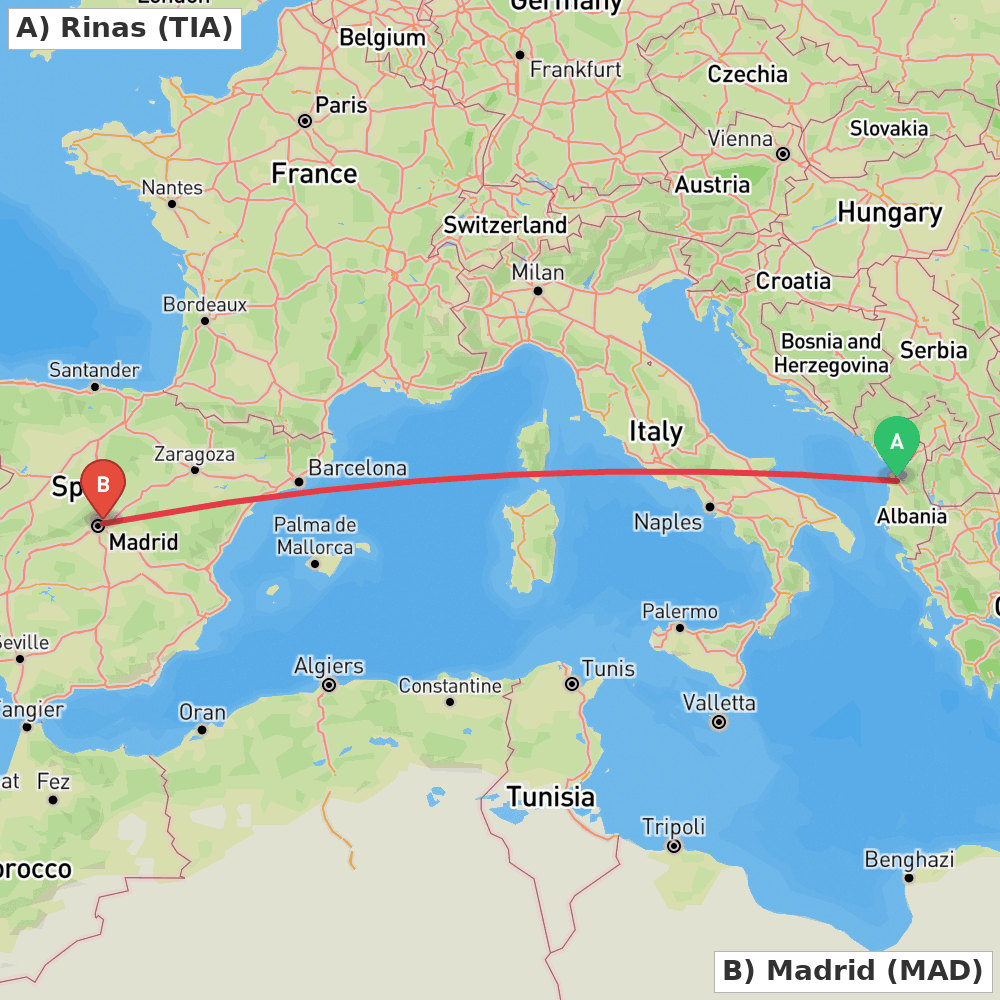Flight route map from Rinas to Madrid