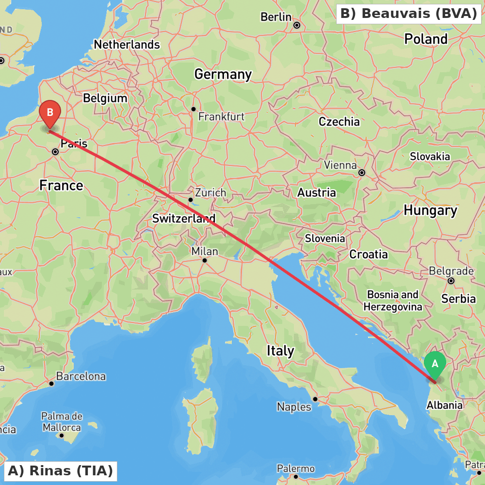 Flight route map from Rinas to Beauvais