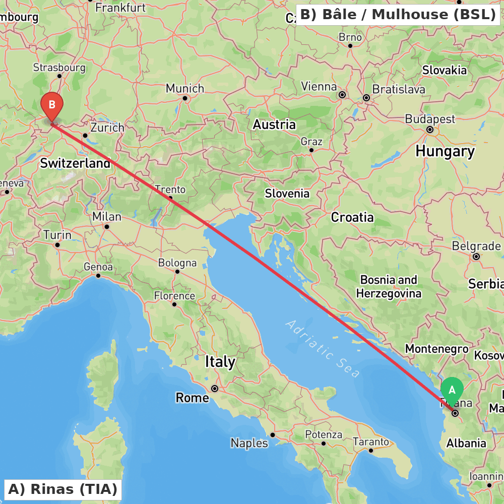 Flight route map from Rinas to Bâle / Mulhouse