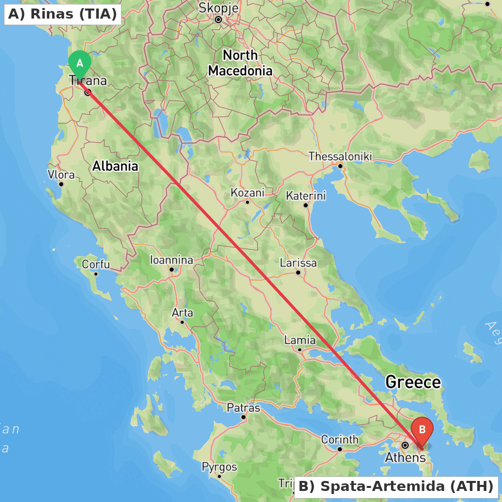 Flight route map from Rinas to Spata-Artemida
