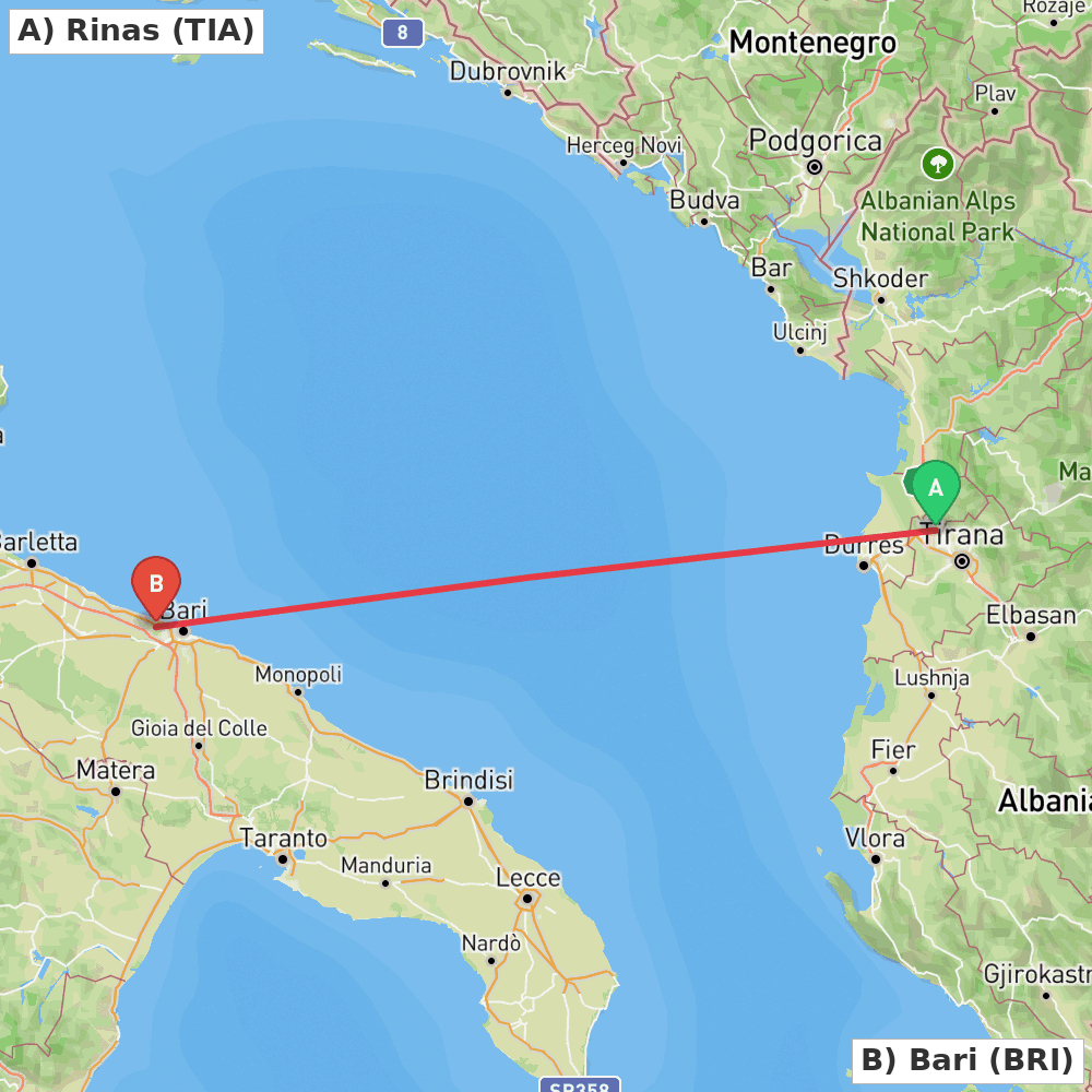Flight route map from Rinas to Bari