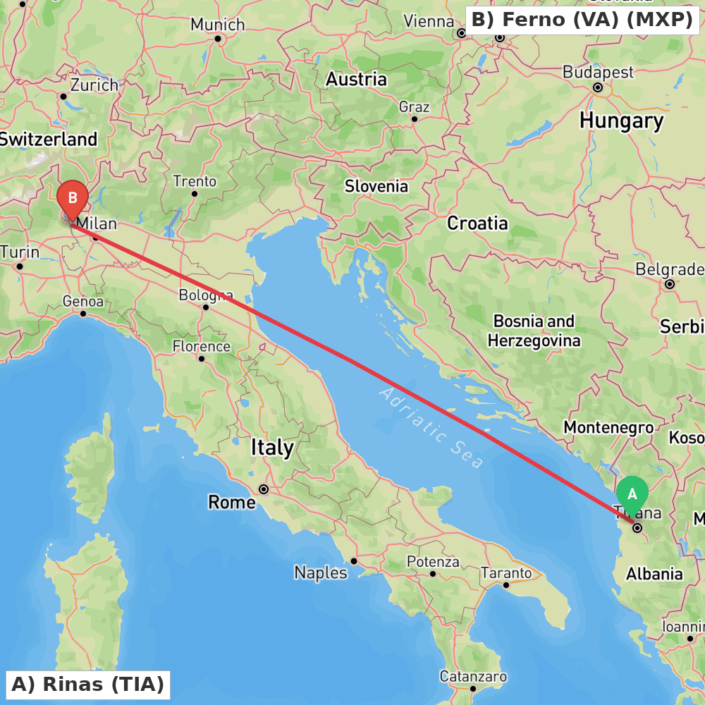 Flight route map from Rinas to Ferno (VA)