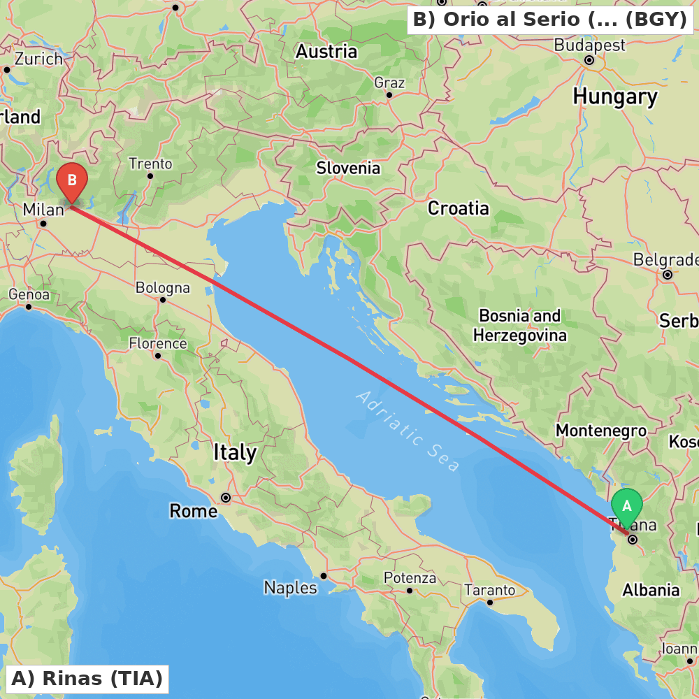 Flight route map from Rinas to Orio al Serio (BG)